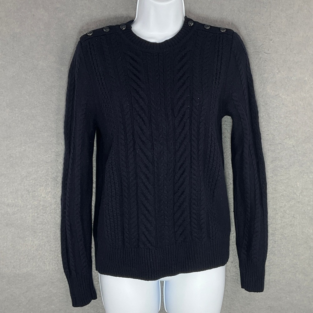 J. Crew Womens‎ Sz M Blue Cable Knit Wool Sweater Shoulder Buttons